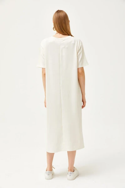 Women's Ecru V-Neck Side Slit Soft Fabric Dress ELB-19002063 - 5