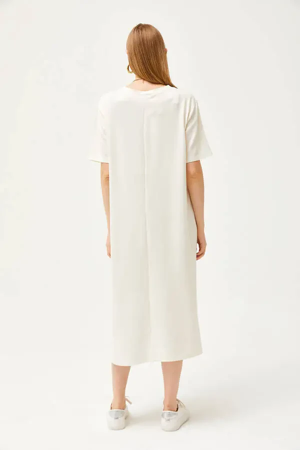 Women's Ecru V-Neck Side Slit Soft Fabric Dress ELB-19002063 - 5