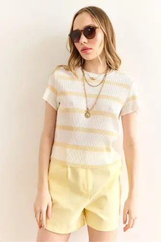 Women's Ecru Yellow Bike Collar Striped Pleated Blouse - 2