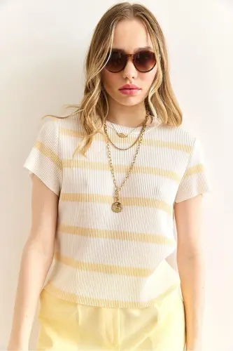Women's Ecru Yellow Bike Collar Striped Pleated Blouse - 4