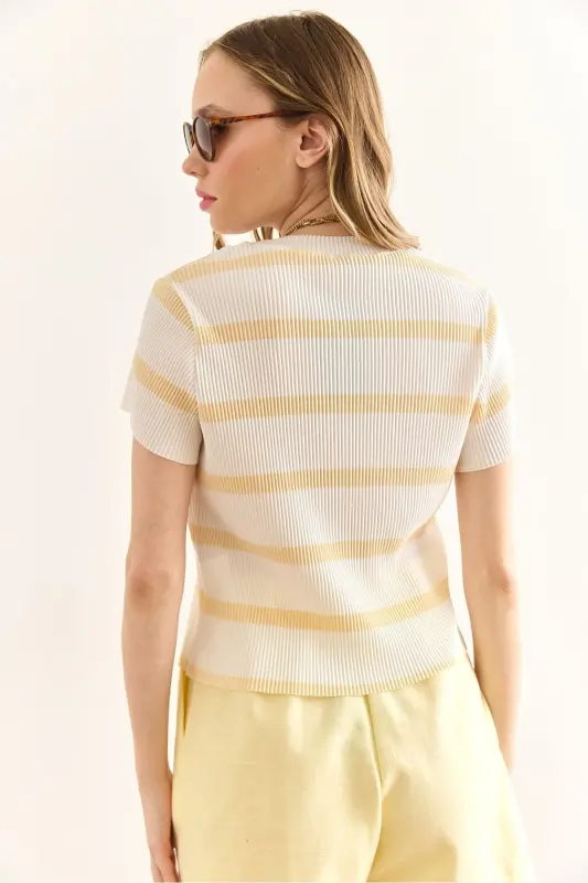 Women's Ecru Yellow Bike Collar Striped Pleated Blouse - 5
