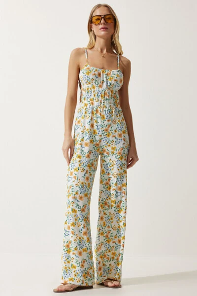 Women's Ecru Yellow Window Detailed Patterned Knitted Jumpsuit UB00245 - HAPPINESS İSTANBUL (1)