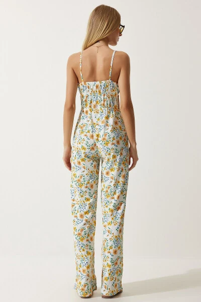 Women's Ecru Yellow Window Detailed Patterned Knitted Jumpsuit UB00245 - 7