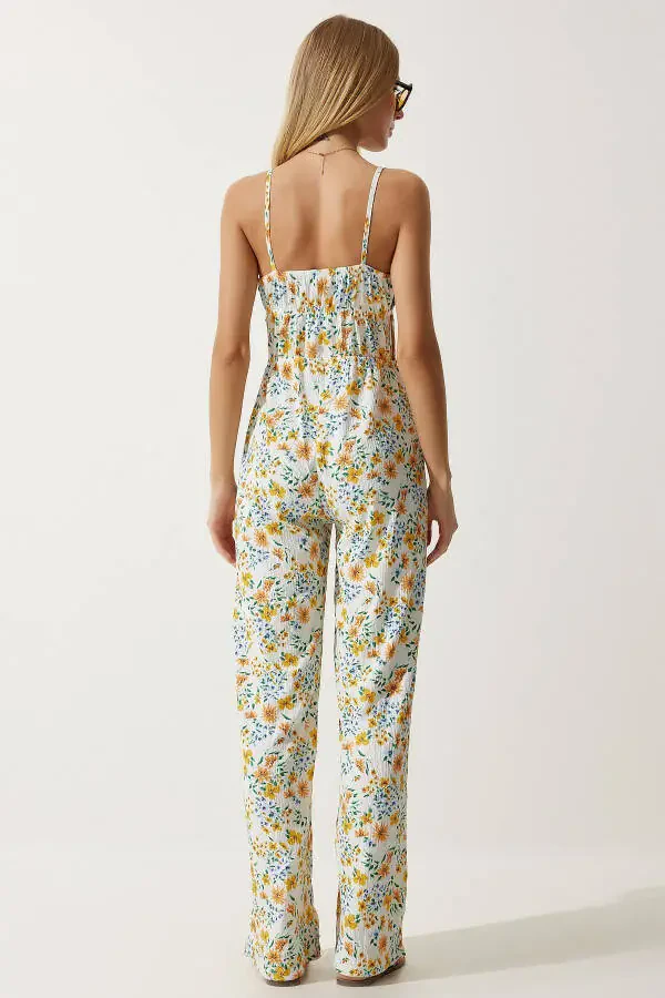 Women's Ecru Yellow Window Detailed Patterned Knitted Jumpsuit UB00245 - 7