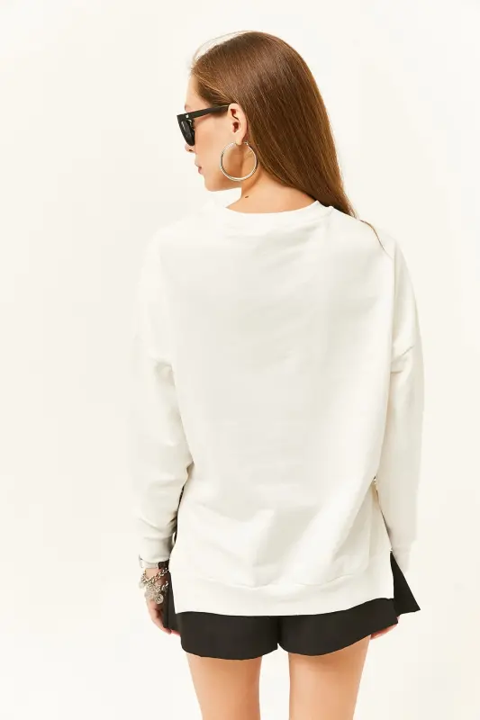 Women's Ecru Zipper Detail Fleece Lined Thick Sweatshirt SWT-19000624-Ecru - OLALOOK
