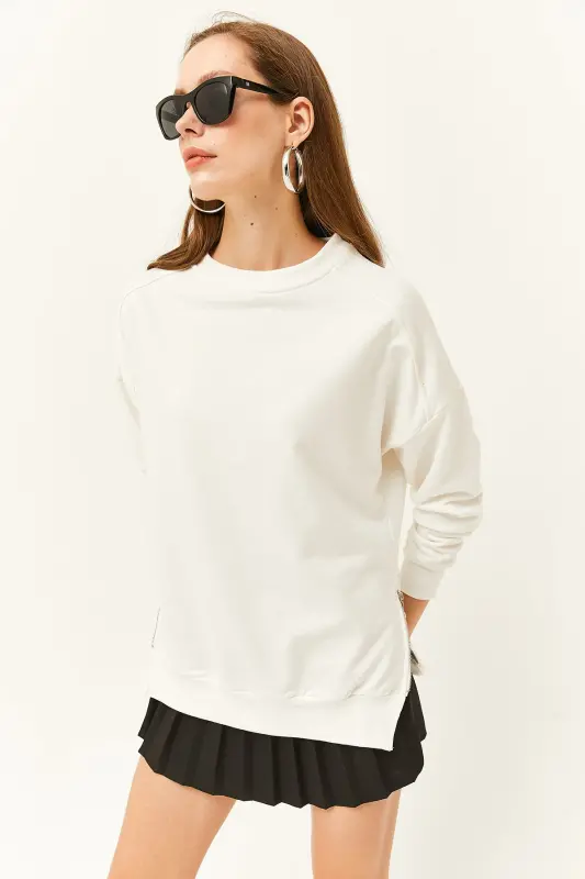 Women's Ecru Zipper Detail Fleece Lined Thick Sweatshirt SWT-19000624-Ecru - 3