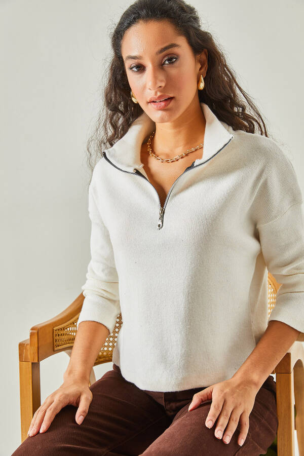 Women's Ecru Zippered High Collar Thistle Sweater KZK-19000640 - 1