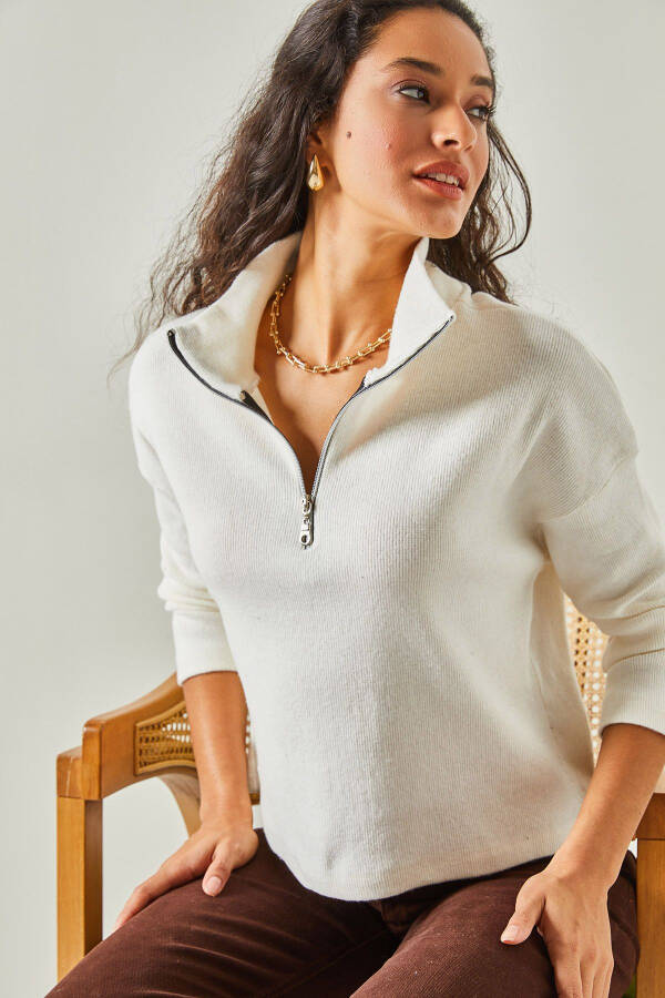 Women's Ecru Zippered High Collar Thistle Sweater KZK-19000640 - 3