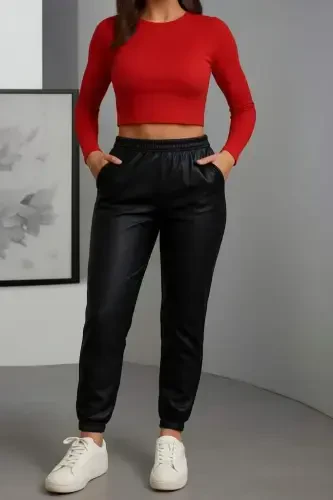 Women's Elastic Hem Pocket Detailed Leather Leggings - 1