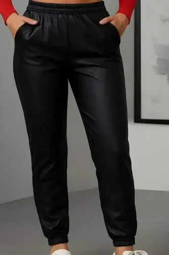 Women's Elastic Hem Pocket Detailed Leather Leggings - BÜYÜKBEDENIZ (1)