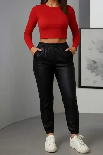 Women's Elastic Hem Pocket Detailed Leather Leggings - 3