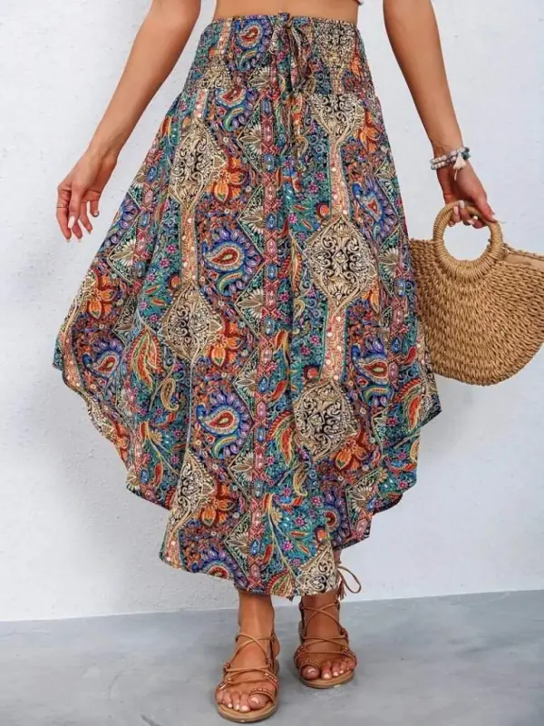 Women's Elastic Waist Drawstring Asymmetric Cut Detailed Patterned Crinkle Skirt - BÜYÜKBEDENIZ