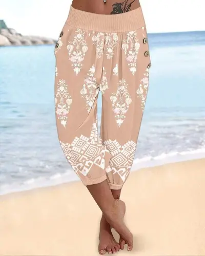 Women's Elastic Waist Ethnic Patterned Capri Supima Pants - 1