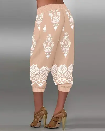 Women's Elastic Waist Ethnic Patterned Capri Supima Pants - BÜYÜKBEDENIZ (1)