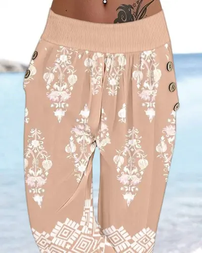 Women's Elastic Waist Ethnic Patterned Capri Supima Pants - 3