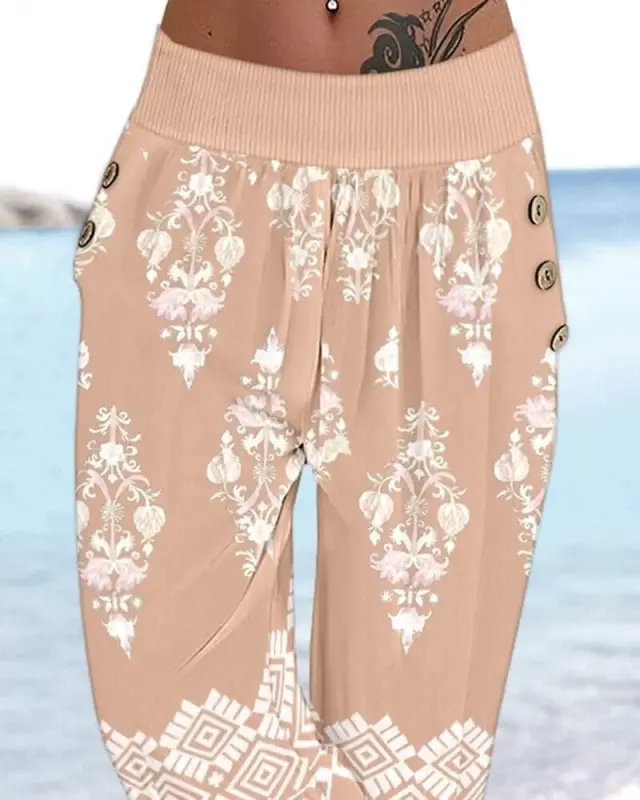 Women's Elastic Waist Ethnic Patterned Capri Supima Pants - 3