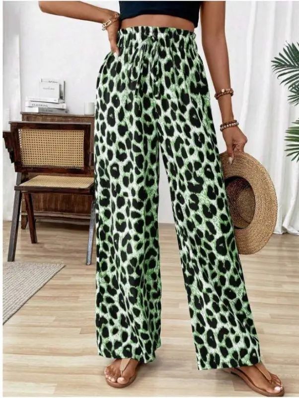 Women's Elastic Waist Leopard Print Jersey Trousers - 2