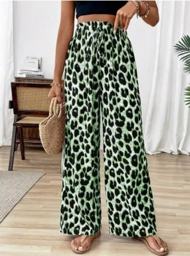 Women's Elastic Waist Leopard Print Jersey Trousers - 3