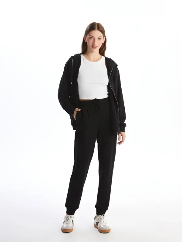 Women's Elastic Waist Plain Jogger Sweatpants-Black - 1