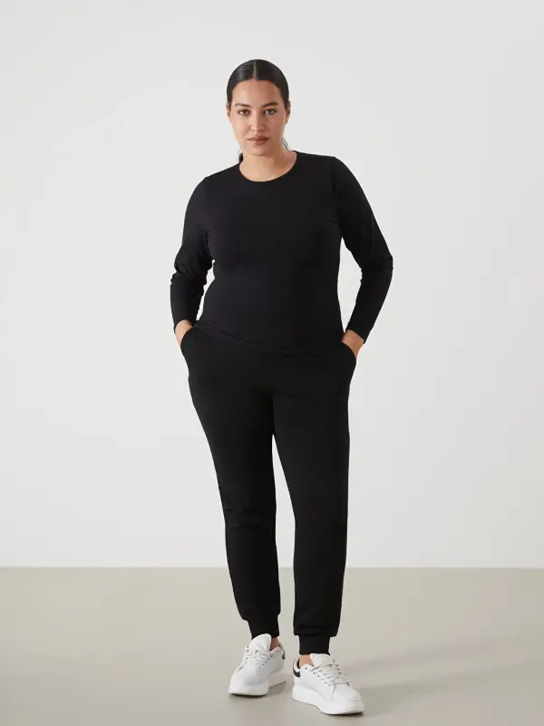 Women's Elastic Waist Plain Jogger Sweatpants-Black - 2