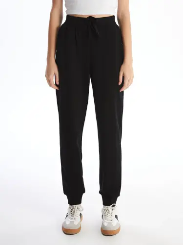 Women's Elastic Waist Plain Jogger Sweatpants-Black - 3