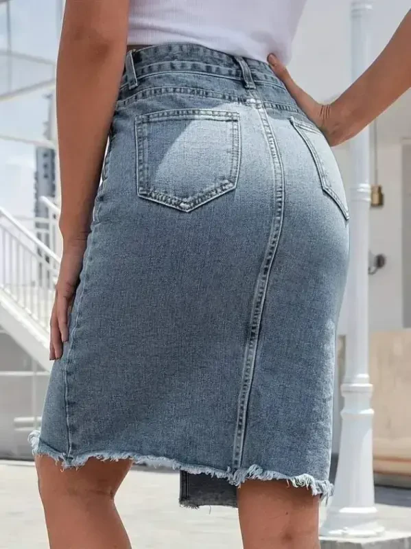 Women's Elastic Waist Ripped Hem Detailed Denim Skirt - 2