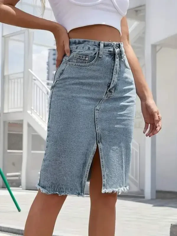 Women's Elastic Waist Ripped Hem Detailed Denim Skirt - 4