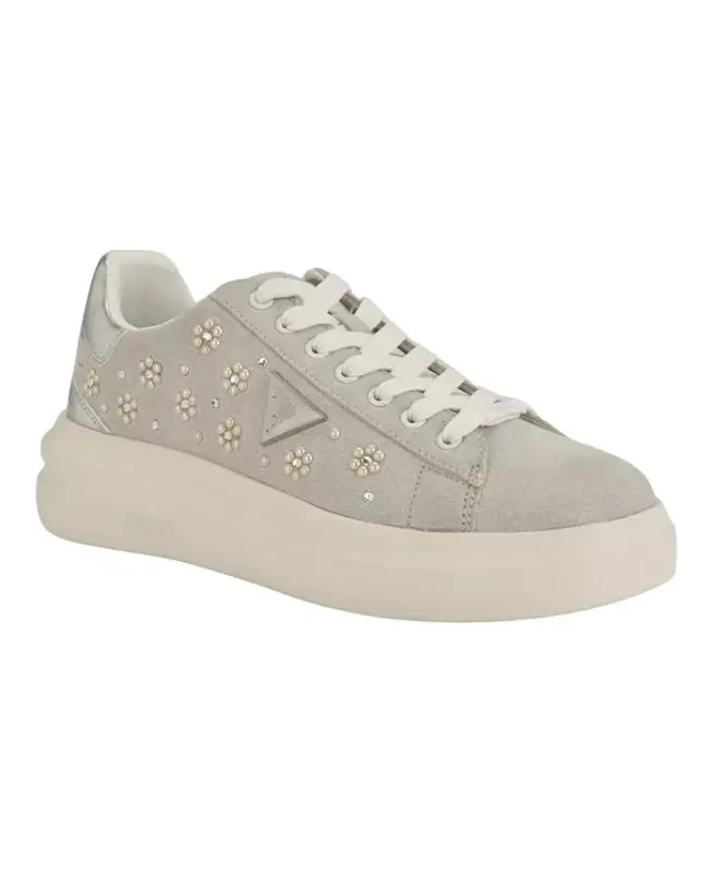 Women's Elbina Contrast Heel Lace-Up Sneakers - Ivory Embellished/Silver - 1