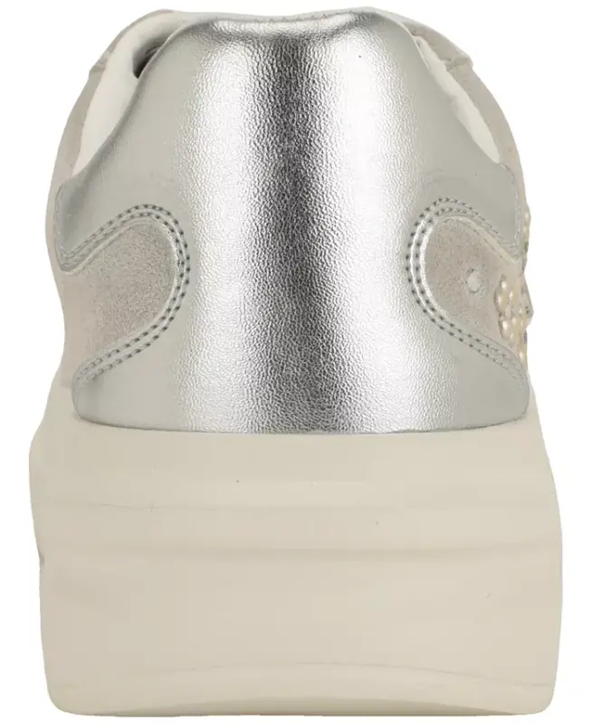 Women's Elbina Contrast Heel Lace-Up Sneakers - Ivory Embellished/Silver - 3