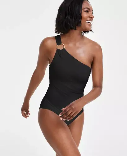 Women's Embellished One-Shoulder Underwire One-Piece Swimsuit - Black 