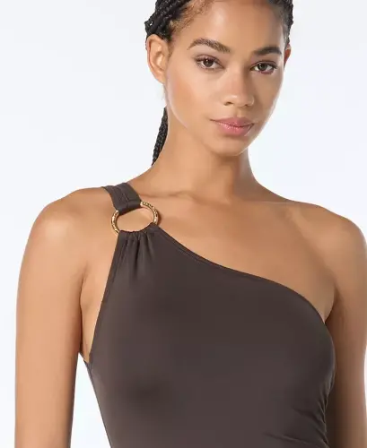 Women's Embellished One-Shoulder Underwire One-Piece Swimsuit - Brown - 4