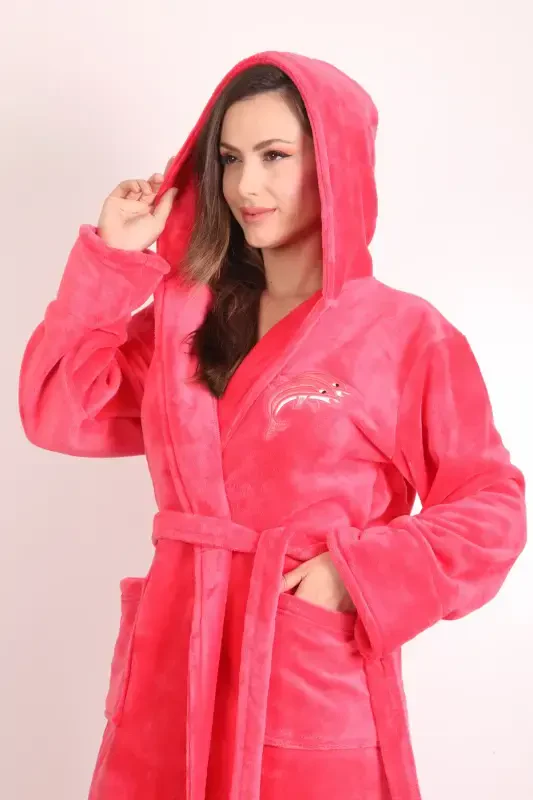 Women's Embroidered Hooded 100% Bamboo Long Robe-pomegranate - WILD LOVE