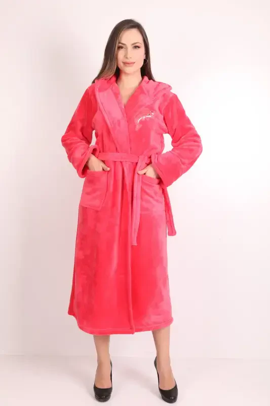 Women's Embroidered Hooded 100% Bamboo Long Robe-pomegranate - 2