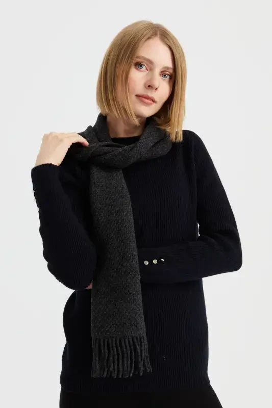 Women's Embroidered Wool Scarf D.Gray-D.Gray - 1