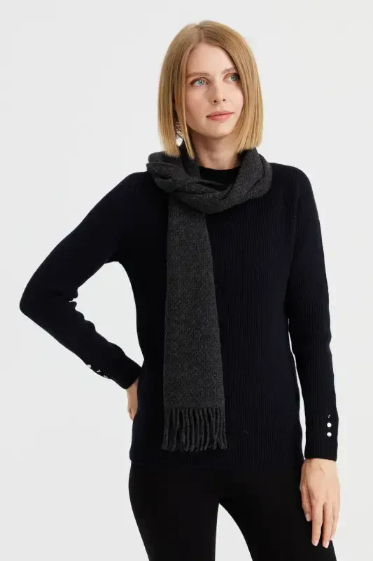 Women's Embroidered Wool Scarf D.Gray-D.Gray - 4