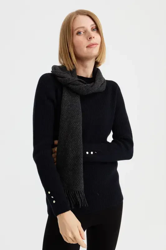 Women's Embroidered Wool Scarf D.Gray-D.Gray - 5