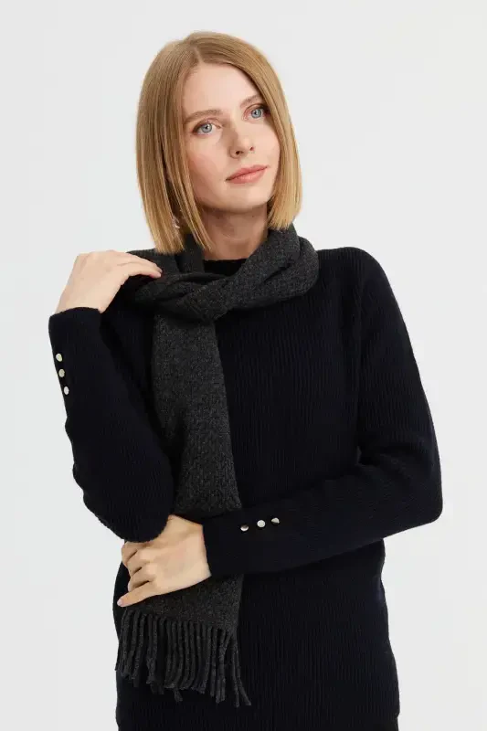 Women's Embroidered Wool Scarf D.Gray-D.Gray - 8