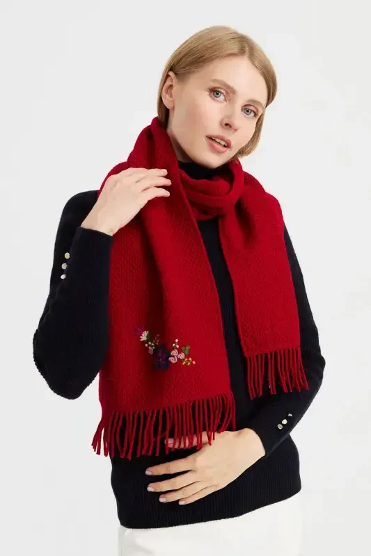 Women's Embroidered Wool Scarf D.Red-D.Red - DESEN TRIKO