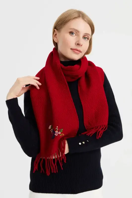 Women's Embroidered Wool Scarf D.Red-D.Red - 2