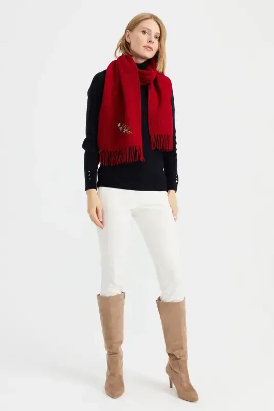 Women's Embroidered Wool Scarf D.Red-D.Red - 3
