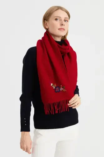 Women's Embroidered Wool Scarf D.Red-D.Red - 4