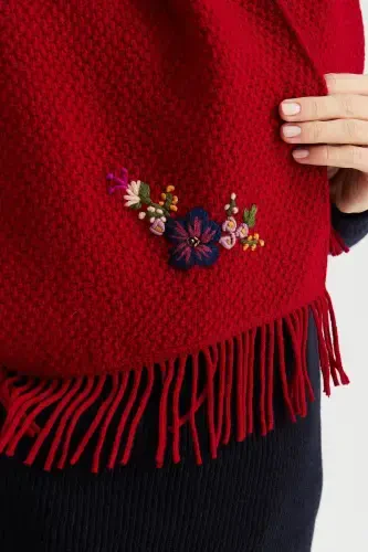 Women's Embroidered Wool Scarf D.Red-D.Red - 5
