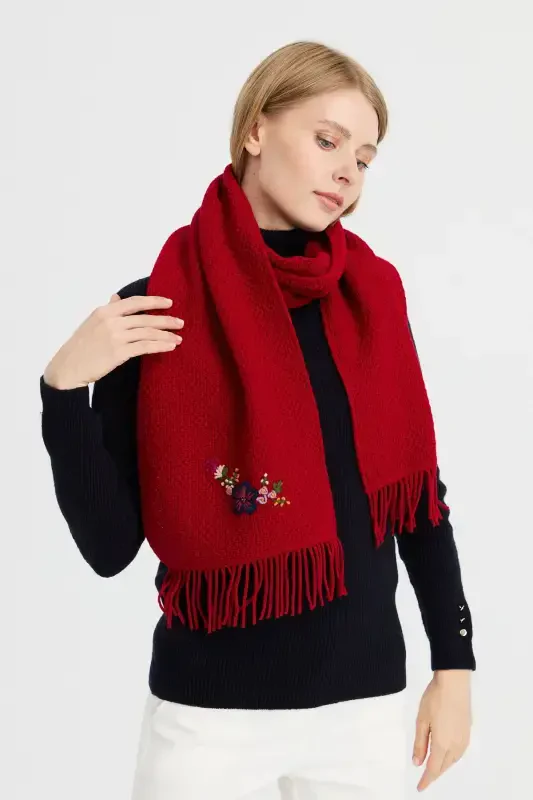 Women's Embroidered Wool Scarf D.Red-D.Red - 6