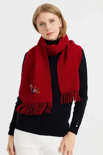 Women's Embroidered Wool Scarf D.Red-D.Red - 7