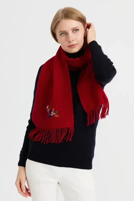 Women's Embroidered Wool Scarf D.Red-D.Red - 8