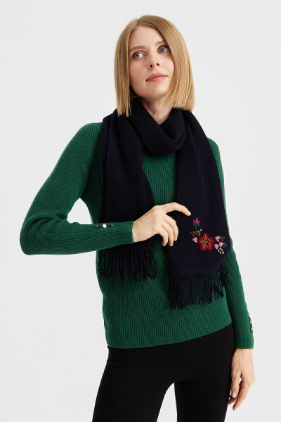 Women's Embroidered Wool Scarf K.Navy - 24