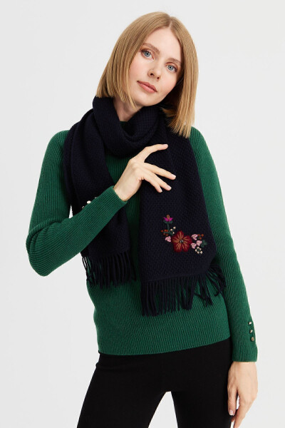 Women's Embroidered Wool Scarf K.Navy - 9