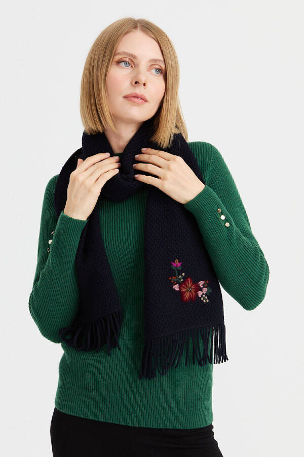 Women's Embroidered Wool Scarf K.Navy - 13