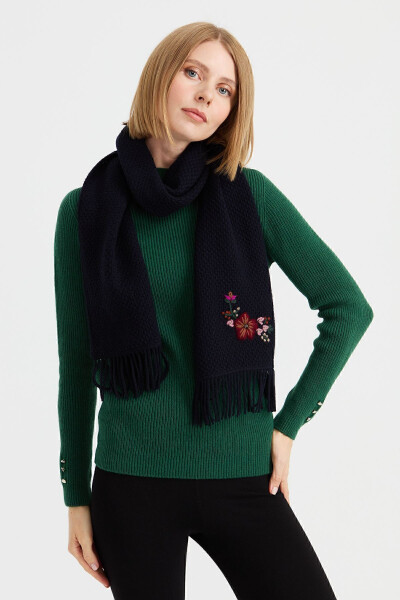 Women's Embroidered Wool Scarf K.Navy - 4