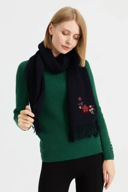 Women's Embroidered Wool Scarf K.Navy - 2